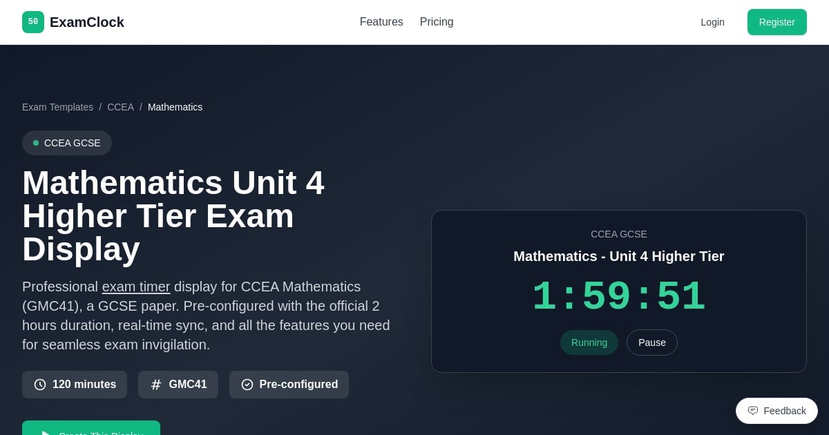Mathematics Unit 4 Higher Tier Exam Timer | CCEA Display - ExamClock