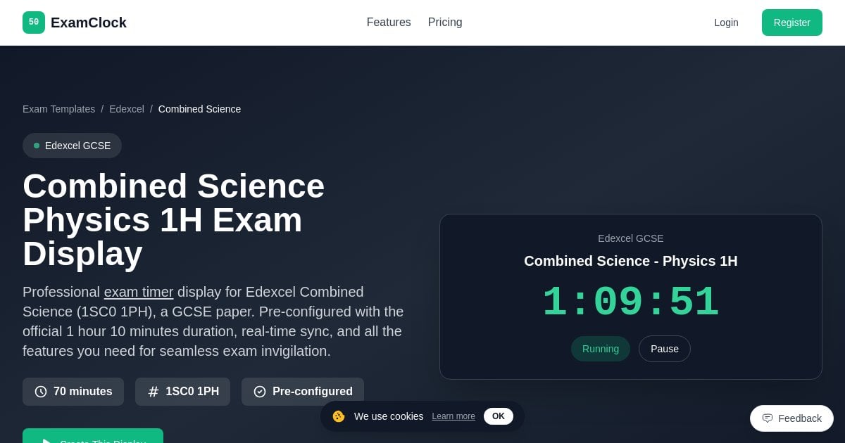 Combined Science Physics 1H Exam Timer | Edexcel Display - ExamClock