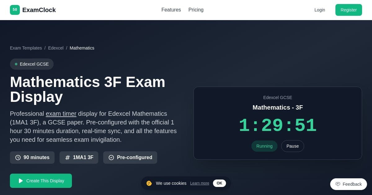 Mathematics 3F Exam Timer | Edexcel Display - ExamClock