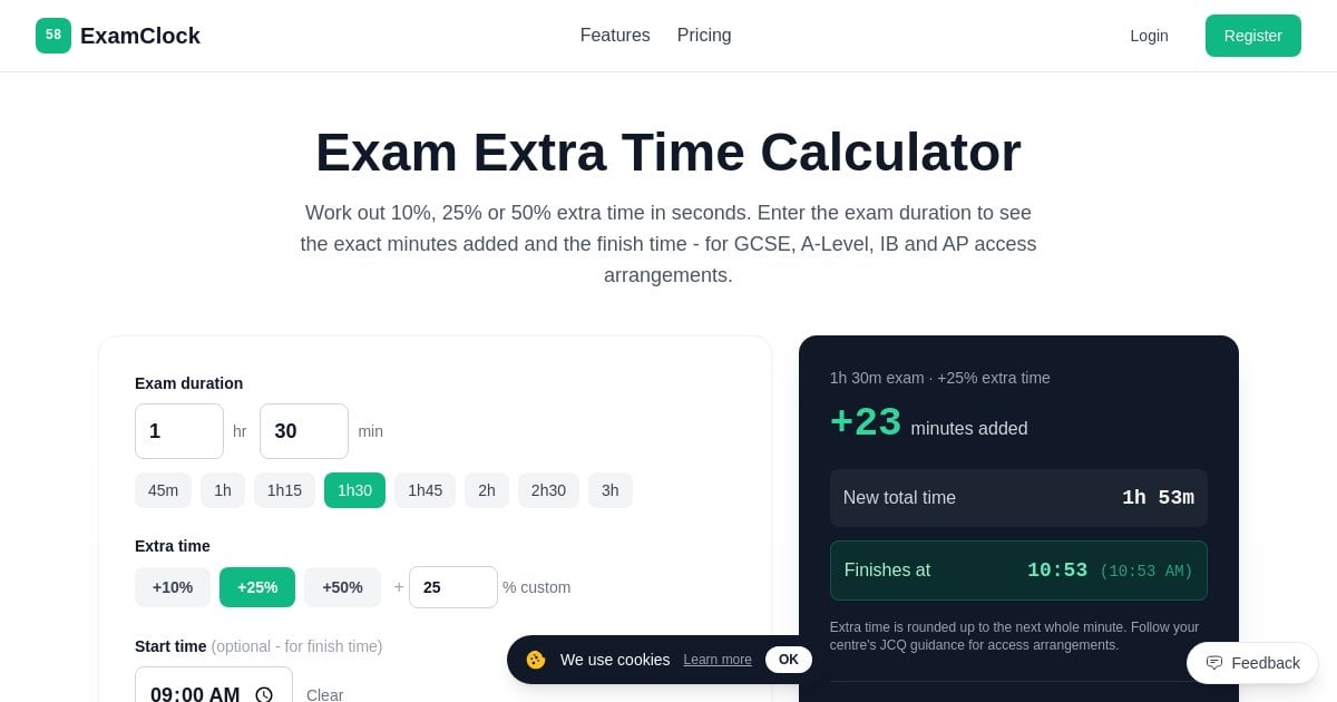 Exam Extra Time Calculator — 10%, 25% & 50% | ExamClock